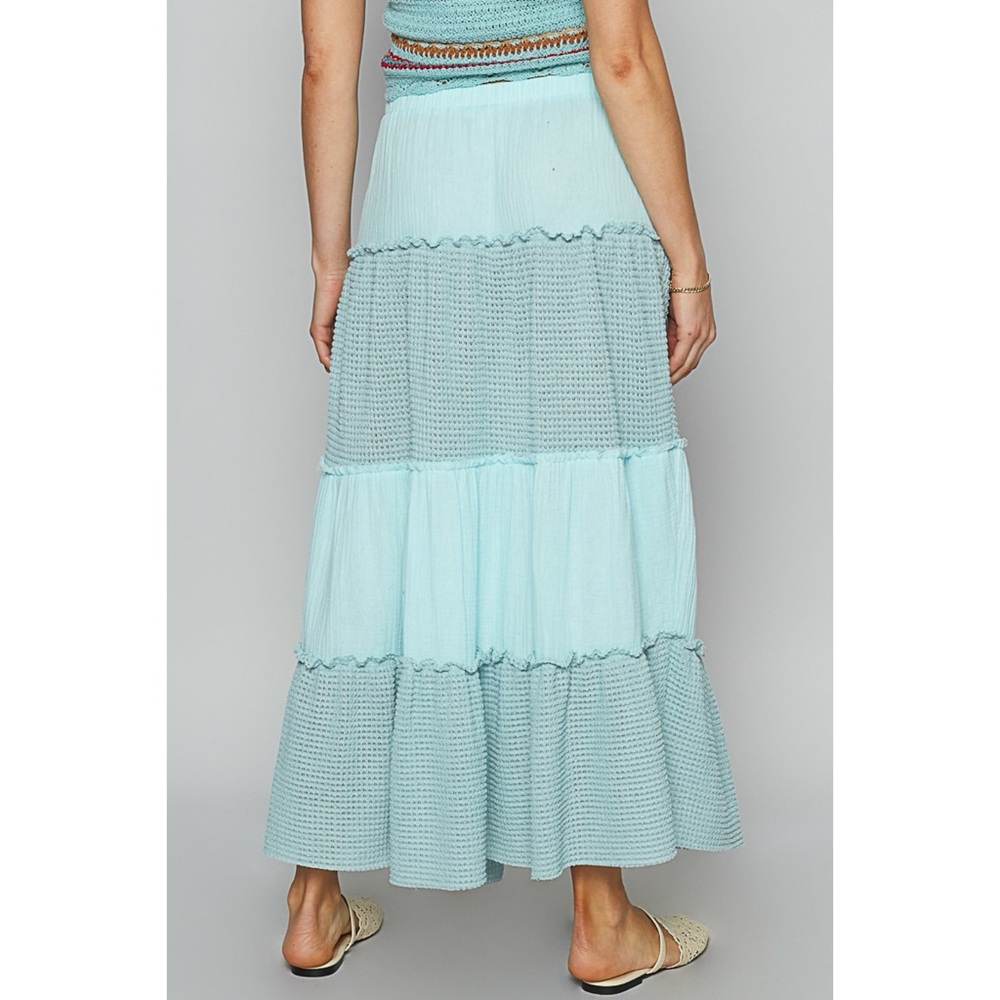 POL Sky Blue Tiered Mixed Fabric Maxi Skirt - Picture 3 of 5